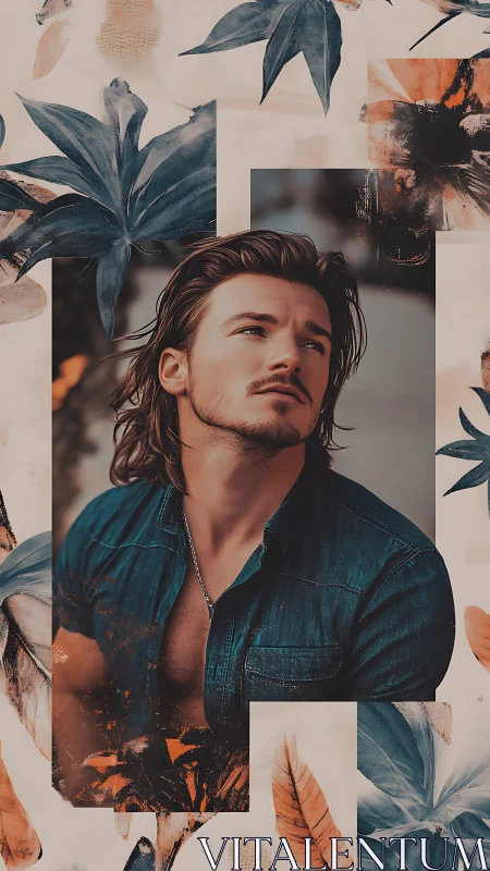 Male portrait in teal denim with layered botanical collage