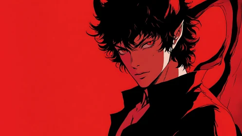 Crimson devil hero gazing back with quiet, magnetic fire.
