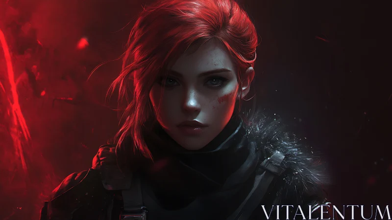 Red-haired cyber operative stares ahead in cinematic side light