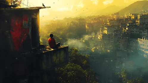 Solitary child on balcony overlooking sunlit hillside city