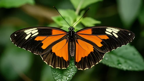 Orange and black butterfly resting on green foliage outdoors.