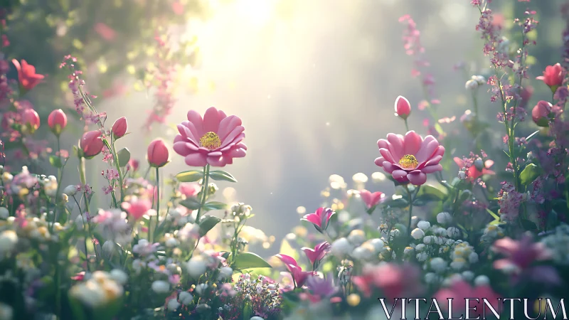 Flowering garden with pink gerbera daisies and small blooms in diffused light