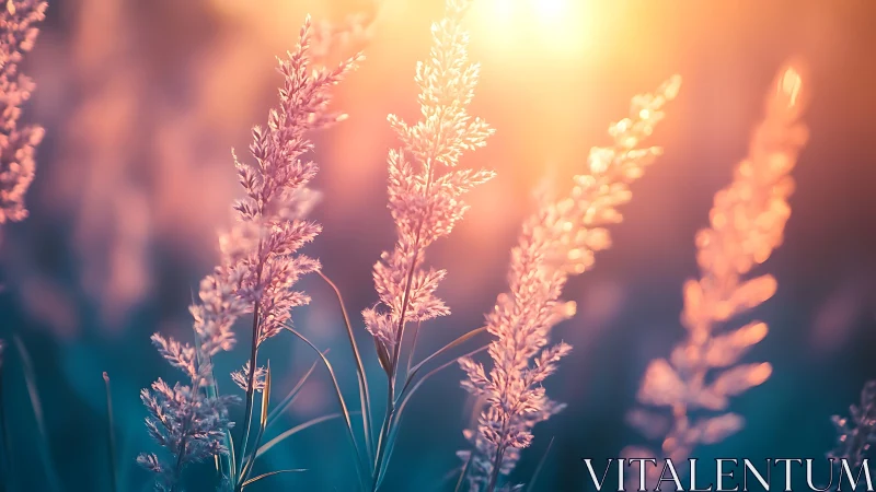 Backlit grass inflorescences under warm bokeh illumination.