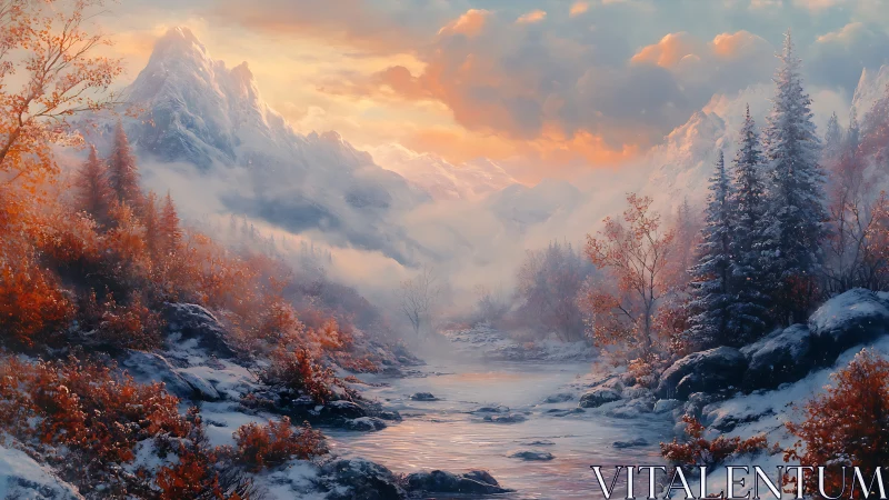 Sunlit autumn valley meets frosted alpine peaks in harmony.