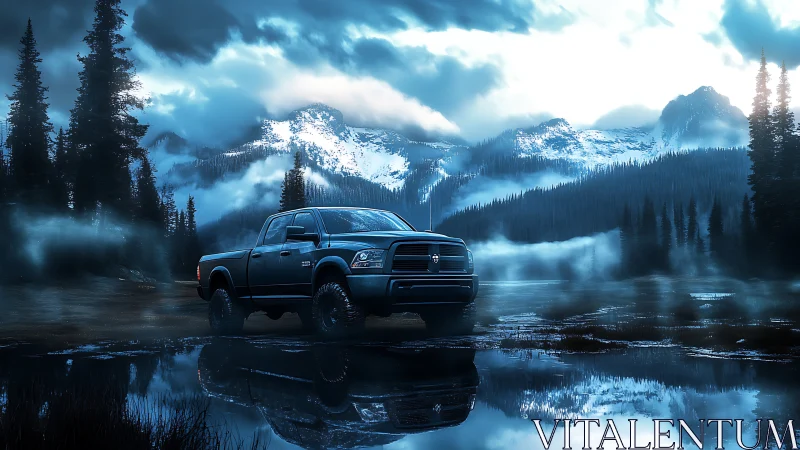 Pickup truck stands near reflective water in misty mountains