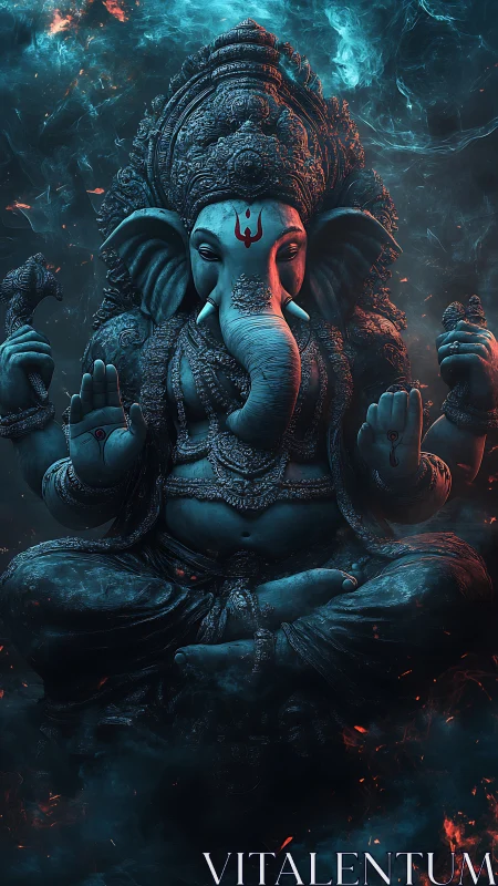 Mystic digital Ganesh idol amid smoky teal embers glow.