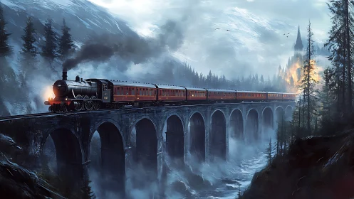 Steam train crosses misty viaduct toward burning castle.