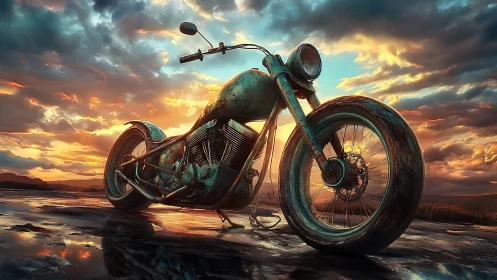 Weathered turquoise custom chopper under dramatic sunset sky