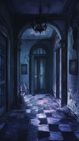Narrow decayed corridor extends toward a partially open door