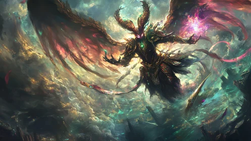 Winged demon warlord over storm-wracked cosmic city.