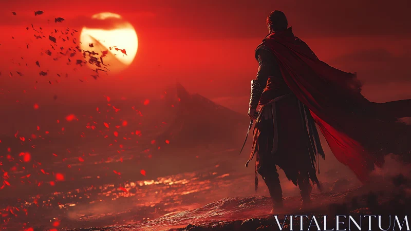 Crimson cloaked wanderer stalking the blood red horizon.