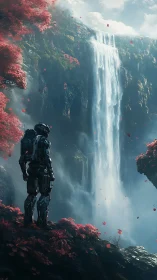 Armored figure observing tall waterfall on alien terrain.