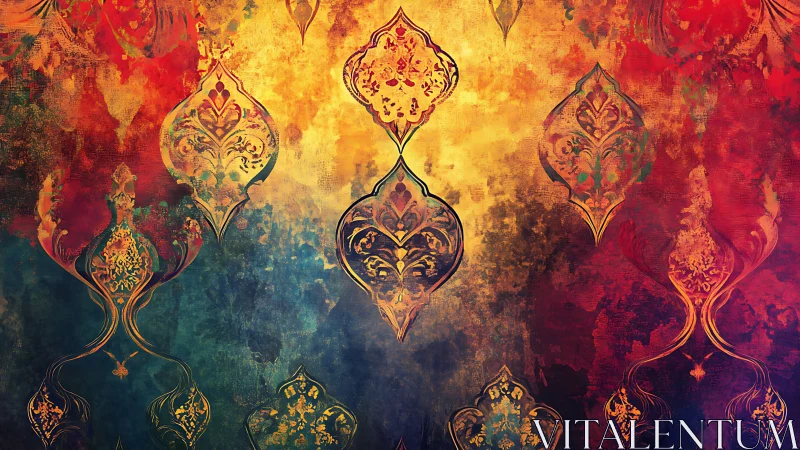 Ornate arabesque motifs over fiery abstract gradient background.