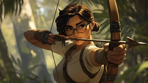 Focused archer in jungle aiming bow with steady precision.