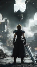 Lone swordsman confronting colossal dragon above ruins.