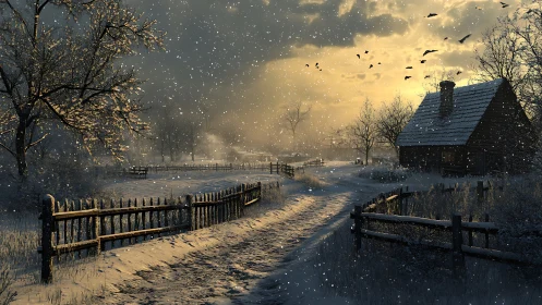 Snow covered rural path with wooden fences and cabin at dusk.