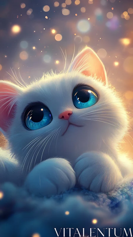 White Cat with Luminous Blue Eyes Against Bokeh Glow.
