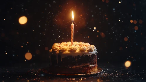 Birthday Cake with Lit Candle Against Bokeh Lights.