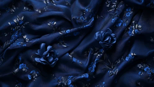 Midnight blue floral satin folds with sculpted fabric roses.