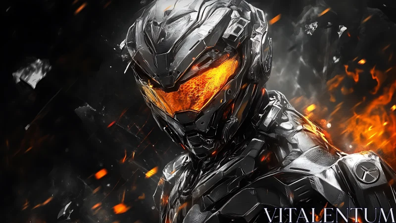 Armored futuristic soldier with molten orange visor in flames.