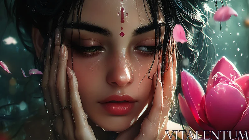 Lotus-drenched daydreamer in rainfall-kissed reverie.