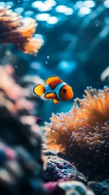 Clownfish swims near anemone in shallow coral reef scene