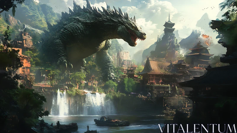 Giant reptilian creature over dense riverside temple city.