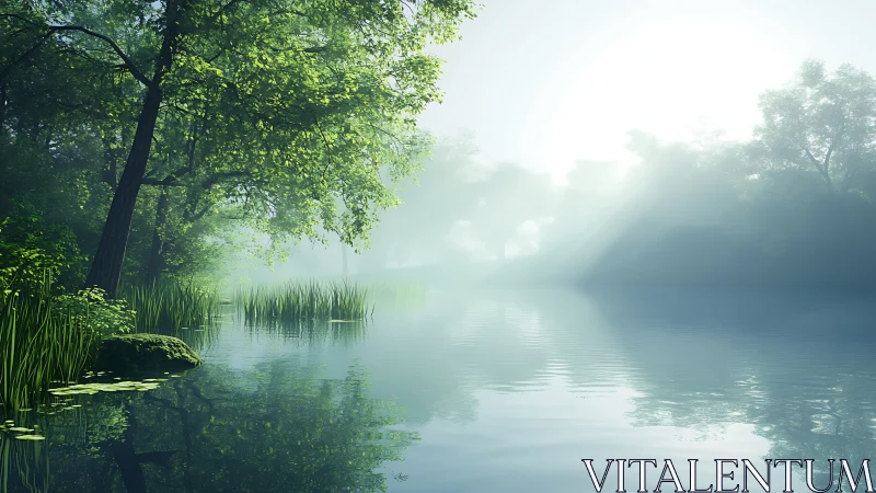 Soft morning mist over a quiet forest lakeside scene.