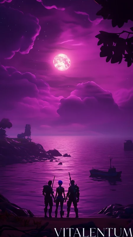 Three armed figures stand by a moonlit magenta sea