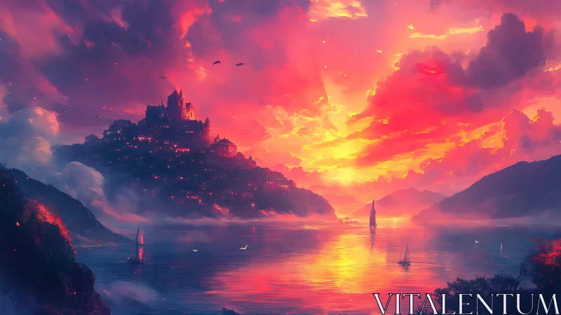 Sunset kingdom glows above a dreamlit crimson bay. Period.