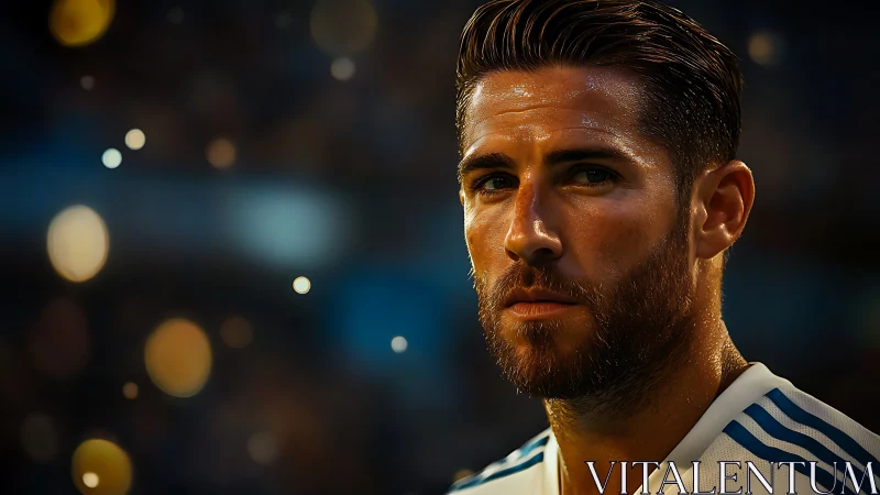 Close-up portrait of male footballer in stadium lights.