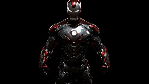 Armored humanoid figure stands centered against black background
