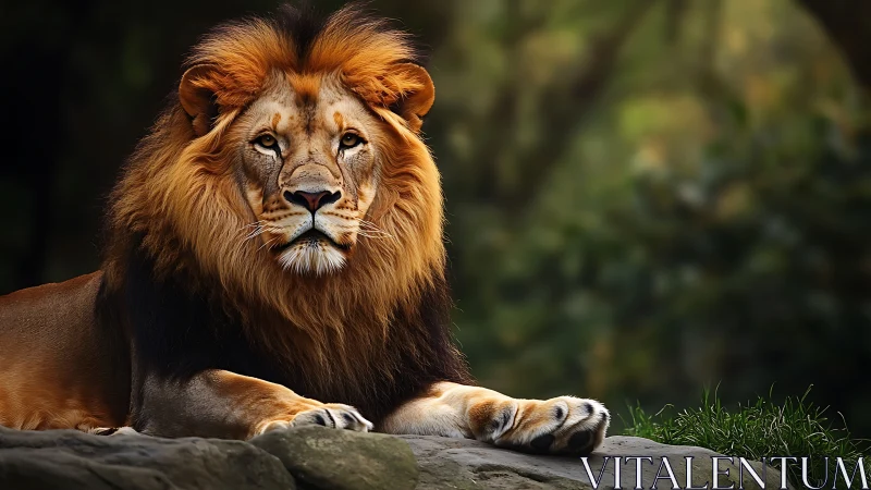 Photorealistic male lion portrait on rocky foreground plateau.