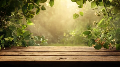 Wooden table surface with leafy garden background view.