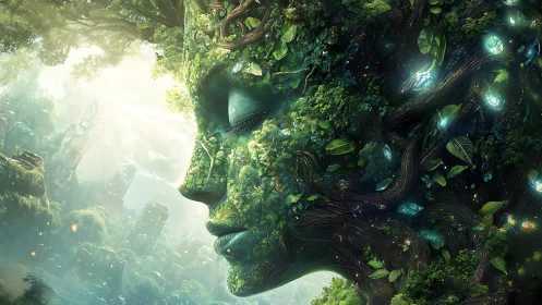 Nature spirit emerges as a colossal forested face of earth.