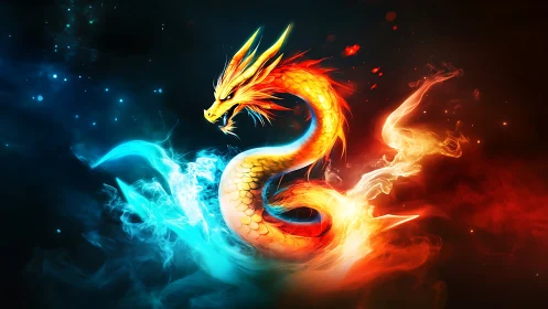 Elemental dragon coils through fire and ice in vivid contrast.
