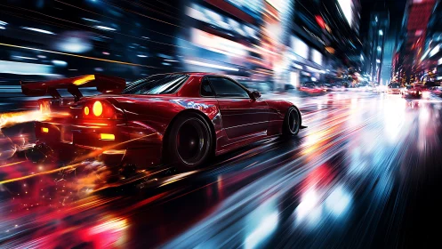Crimson street racer slicing through neon city rainlight.