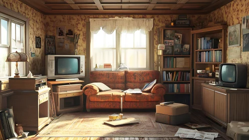 Retro living room with vintage televisions and bookshelves.