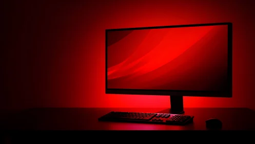 Ultra-wide desktop monitor in monochrome red backlit workspace