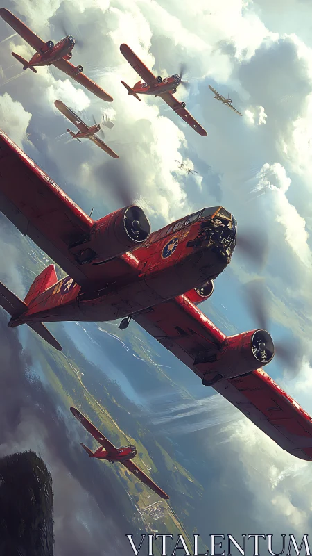 Red twin‑engine warbirds in tight formation over valley clouds
