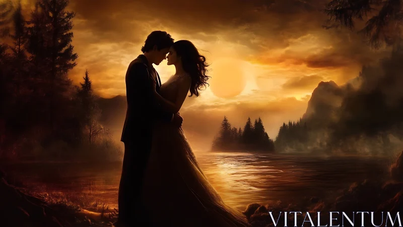 Silhouetted Couple in Golden Hour: Atmospheric Landscape Rendering with Backlighting