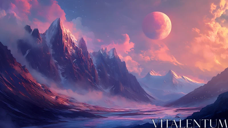 Celestial crimson moon over iridescent alpine canyon vista.