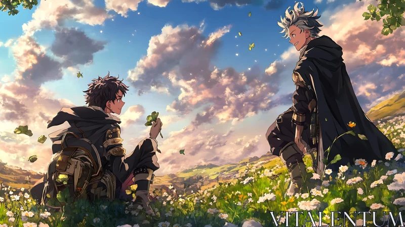 Cloaked wanderers rest in luminous spring valley meadow.