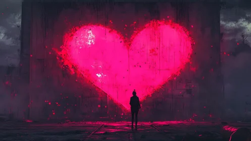 Neon Heart Luminescence: Silhouetted Figure Before Intense Magenta Radiance