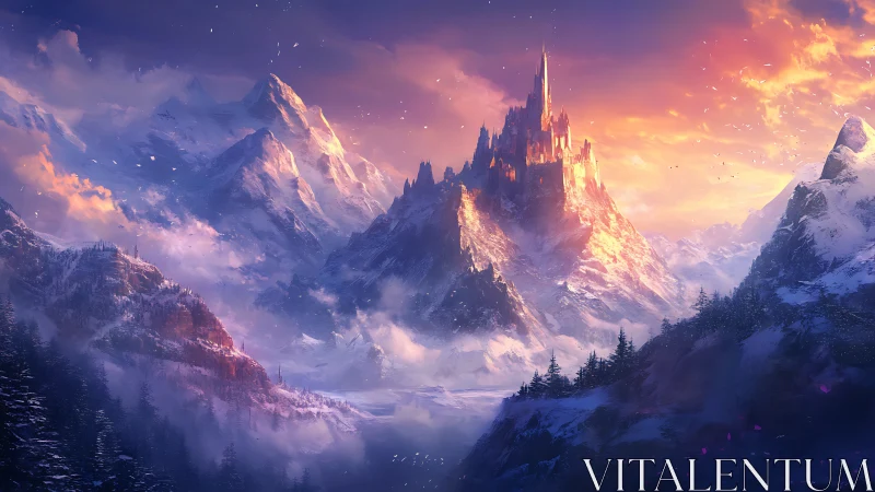 Sunlit icebound citadel crowned by burning winter sky.