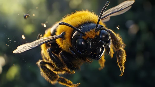 Close-up digital render shows detailed flying bumblebee