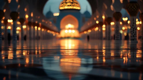 Golden mosque arcade lights mirrored on polished marble floor.