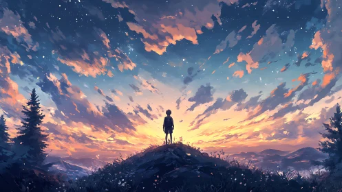 Solitary figure surveys expansive twilight sky in painterly style