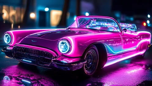 Neon pink retro convertible glows brightly on a wet city street