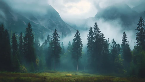 Misty mountain forest valley shrouded in fog and evergreens.